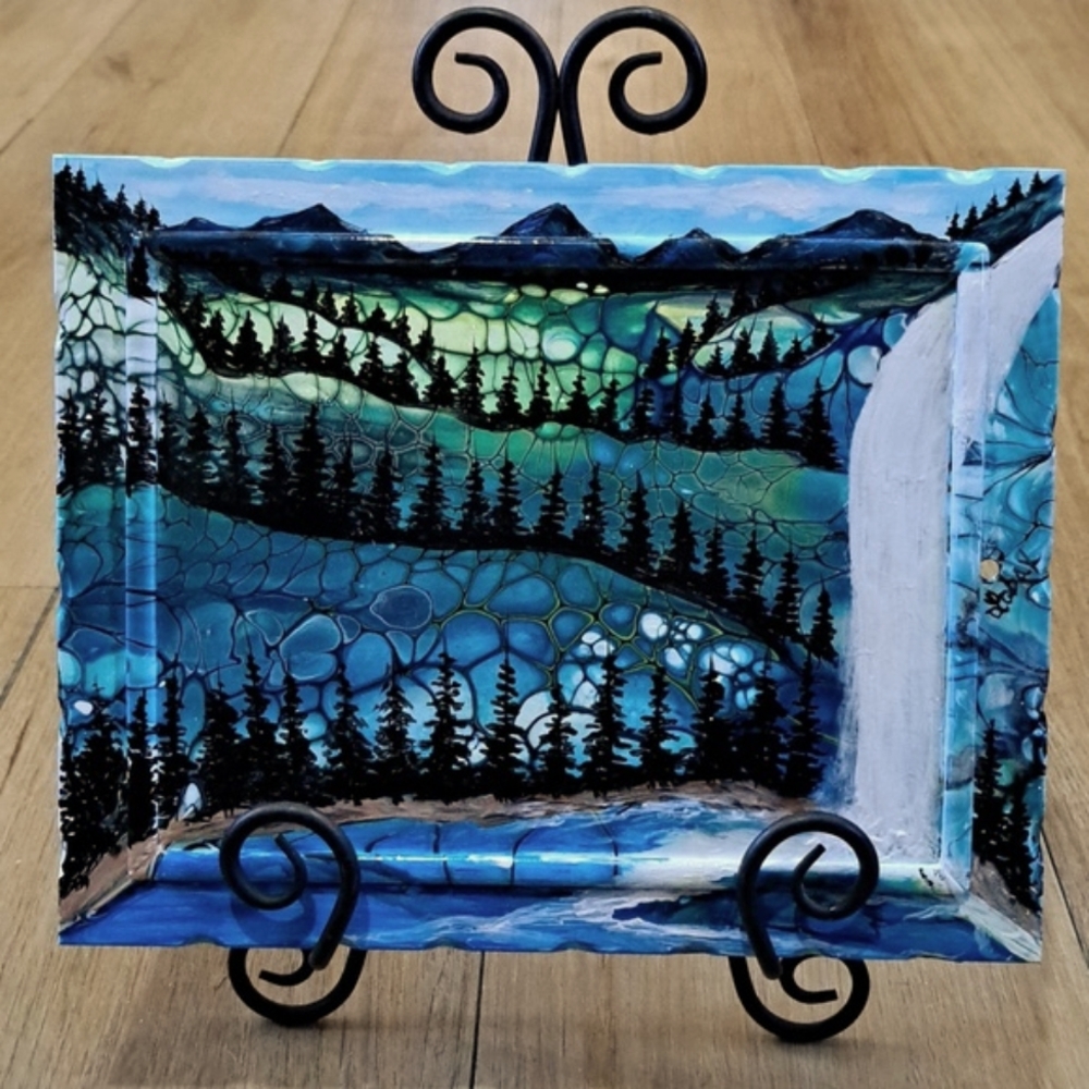 Hand Crafted Painted Glass Frame Mountain Waterfall